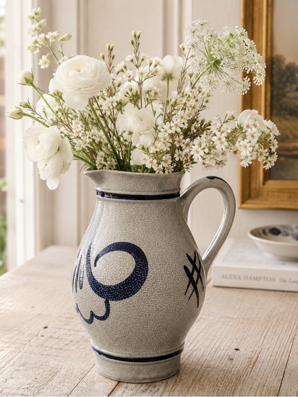 Vintage West German Stoneware Pitcher Cobalt Blue Gray Folk Art Pottery Staffel